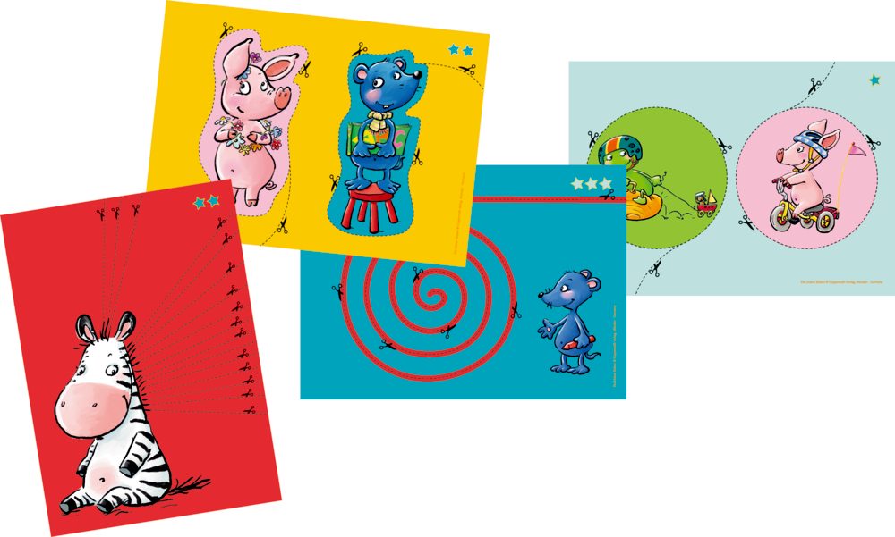 Vier Comic-Tiere – ein Schwein, ein Nilpferd, ein Zebra und eine Maus – jedes auf einem einzigartigen bunten Hintergrund.