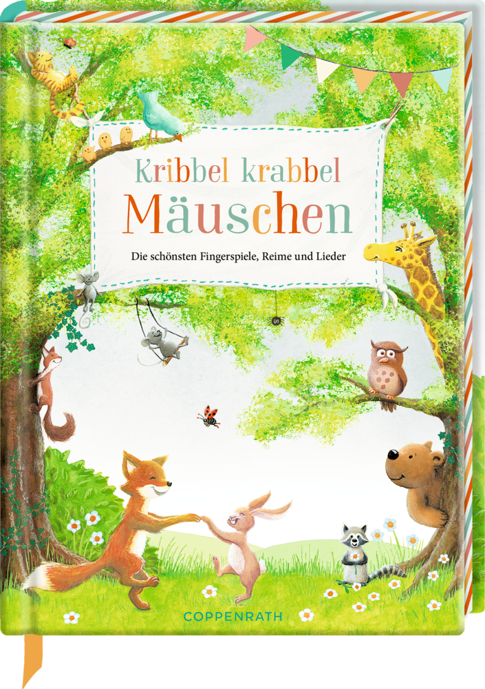 Kinderbuchcover mit Waldtiere, Bäume und der Titel lautet „Kribbel krabbel Mäuschen“.