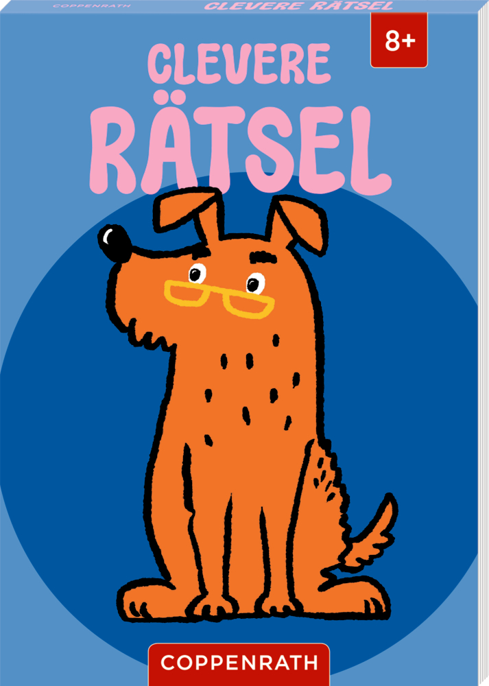 Rätselcover mit braunem Hund mit Brille auf blauem Hintergrund.