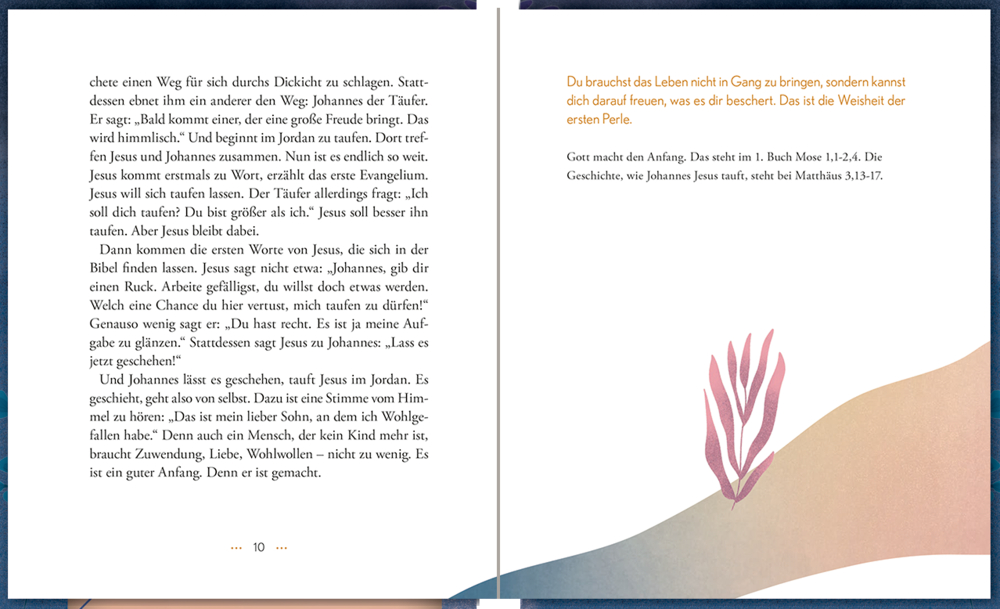 Aufgeschlagenes Buch mit Text auf beiden Seiten und einfacher pinker Wasserpflanze unten rechts.