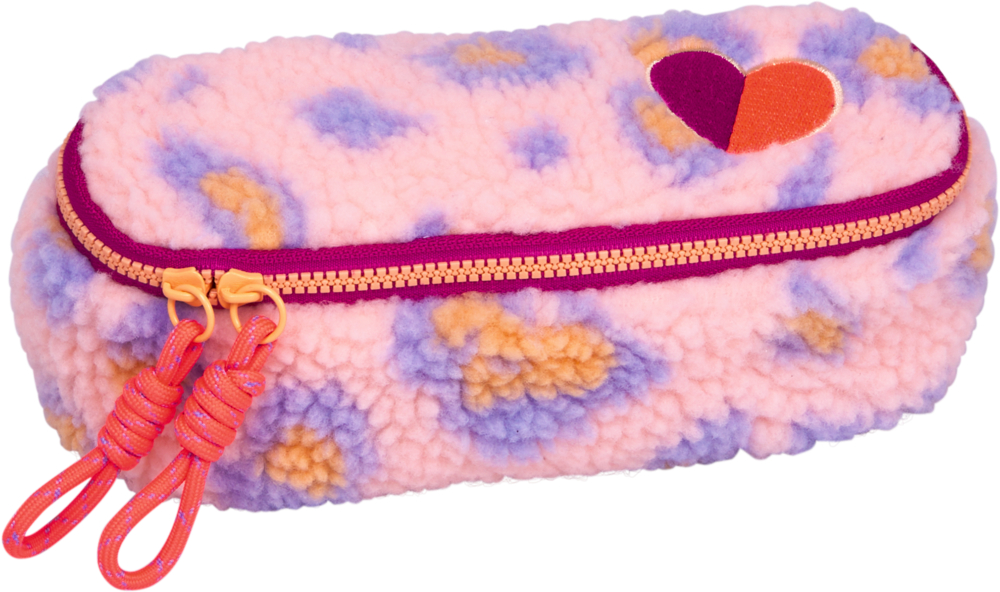 Rosa Federmäppchen mit Teddystoff, orange-lila Leomuster, orangener Reißverschluss, roten Kordel Zippern und Herzmotiv auf dem Deckel.
