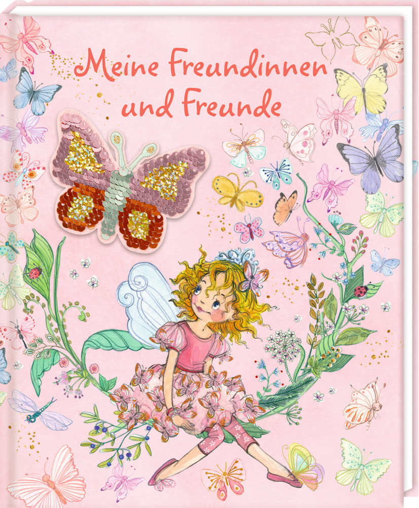 Feenmädchen zwischen Blumen und Schmetterlingen auf rosa Hintergrund. Text: Meine Freundinnen und Freunde.