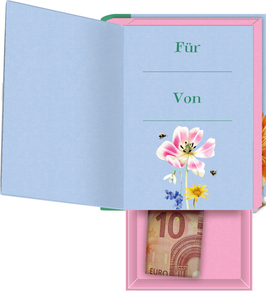Geöffnetes Geschenk-Buch mit Blumen und "Für / Von" Text. Darunter 10 Euro Schein in einem rosa Umschlag.