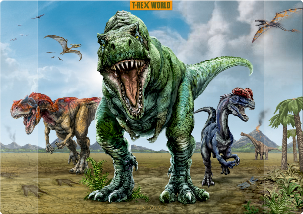 Drei Dinosaurier, darunter ein T-Rex, rennen auf den Betrachter zu; darüber fliegen Flugsaurier.