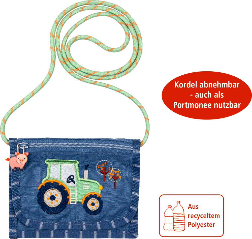 Blaue Stoffgeldbörse mit grünem Traktor und Hinweis, dass die Kordel abnehmbar ist.