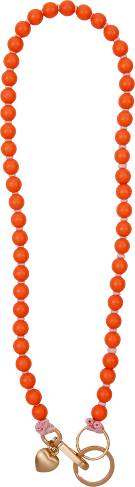 Schlüsselanhänger mit langer Kette aus orangefarbenen Perlen, goldenem Herzanhänger und Verschluss.