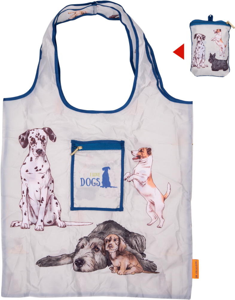 Helle Einkaufstasche mit blauer Umrandung und Hundeillustrationen, mittig Tasche mit Aufdruck „I LOVE DOGS“, daneben gefaltete Variante.