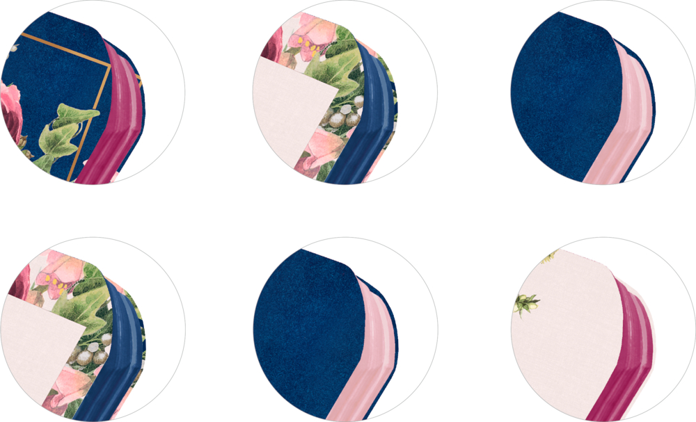 Sechs runde Detailansichten von Buchkanten mit blauer, rosa und blumiger Gestaltung.
