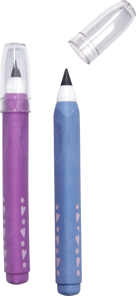 Zwei dicke endlos Bleistifte in Lila und Blau mit Herz- und Blümchenmuster, jeweils mit transparenter Kappe.