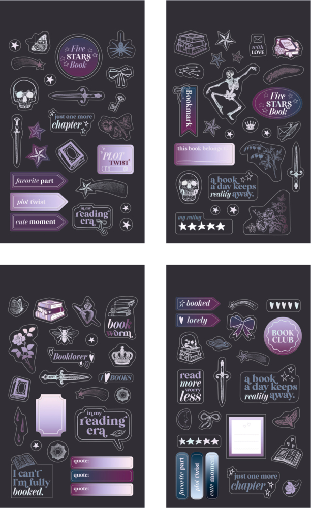 Vier Stickerbögen mit Buchmotiven, Schädeln, Schwertern, Blumen, Sternen, Schleifen und Textzitaten in Lila-, Blau- und Grautönen.