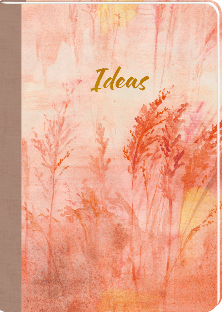 Notizbuchumschlag mit der Aufschrift „Ideas“ in Gold, akzentuiert durch ein orangefarbenes Aquarell-Blumenmuster.