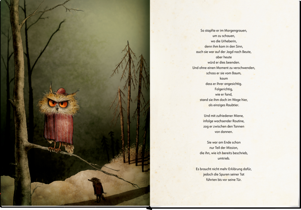 Illustration einer Eule mit rotem Umhang und Mütze auf einem Ast, darunter ein Wolf im Mantel in winterlicher Waldlandschaft.