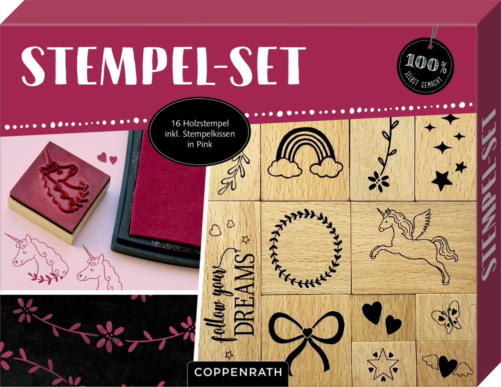 Verpackung: Stempel-Set mit 16 Holzstempeln mit Motiven wie Einhorn, Regenbogen, Sternen und Herzen, inklusive pinkfarbenem Stempelkissen.