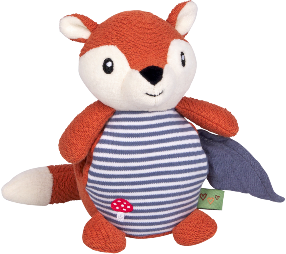 Stofftier in Form eines Fuchses mit gestreiftem Bauch, blauem Schnuffeltuch und kleinem gesticktemem Pilzmotiv.
