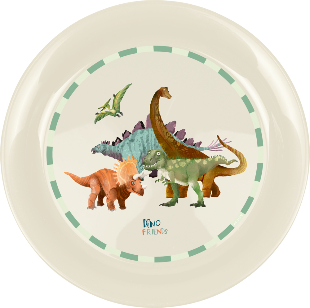 Illustration freundlicher Dinosaurier mit dem Text „Dino Friends“ auf einem cremefarbenen Teller.
