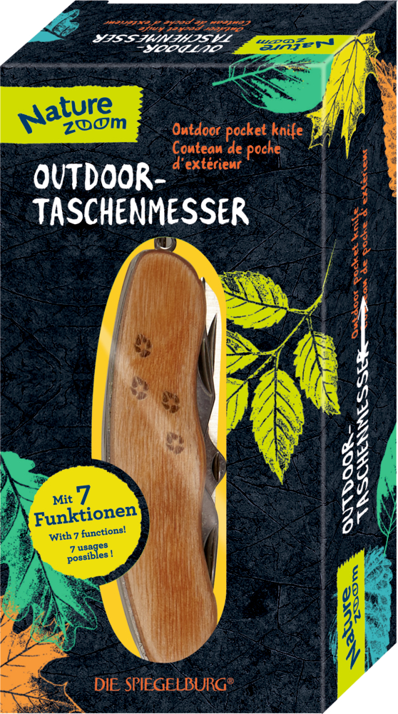 Zusammengeklapptes Taschenmesser mit Holzgriff in einer Schachtel mit Naturmotiven.