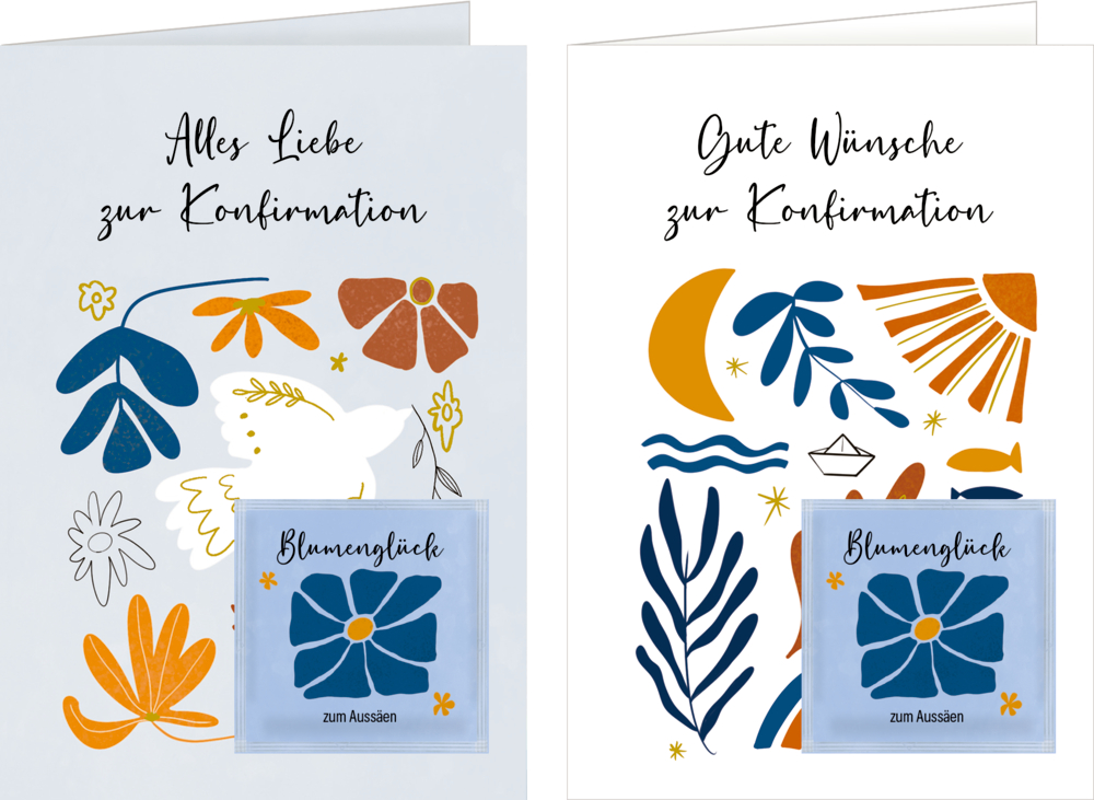 Zwei Konfirmationskarten mit Blumen- und Taubenmotiven, deutschem Text und einem beigefügten blauen Blumensamenpaket.