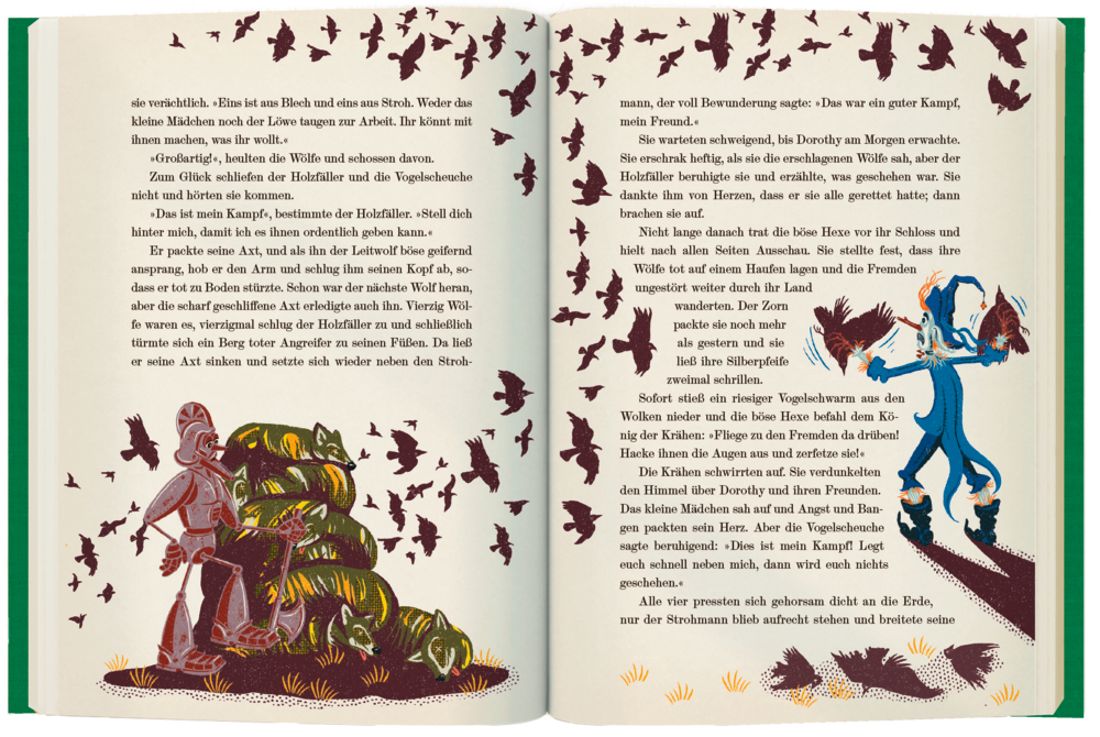 Auf zwei Text-Seiten sind ein Ritter und eine Vogelscheuche zu sehen, umgeben von vielen fliegenden Vögeln.