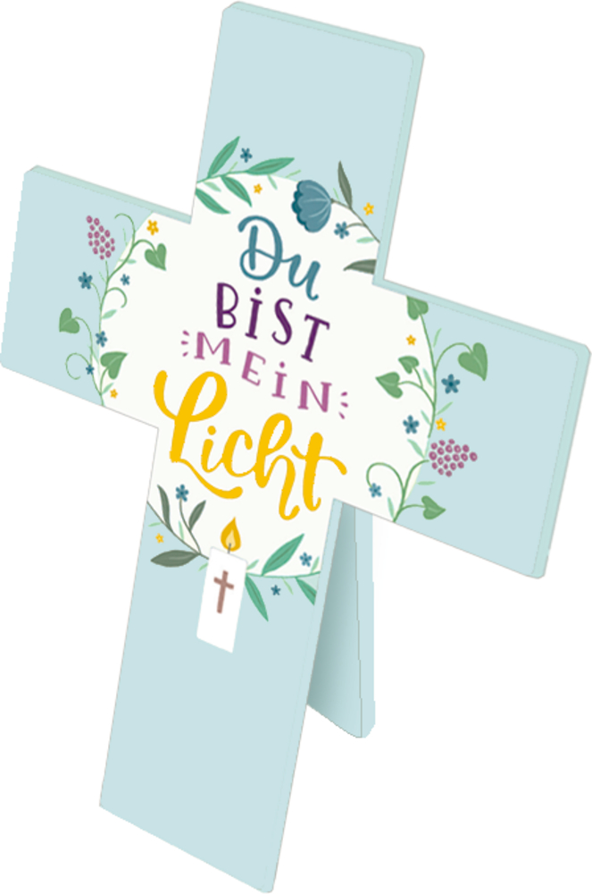 Hellblaues Blumenkreuz mit der Aufschrift „Du bist mein Licht“ und einer Kerzenillustration seitlich stehend.
