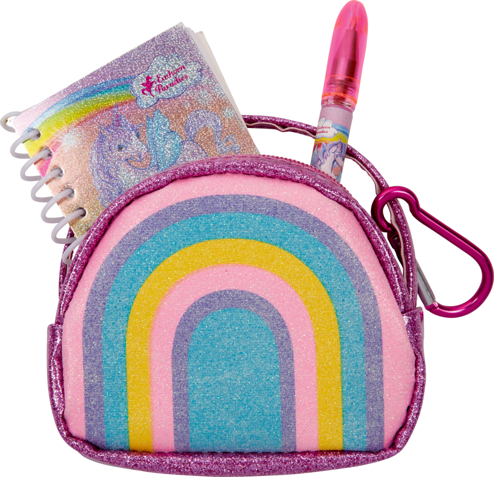 Glitzernde Regenbogentasche mit herausschauendem Einhorn-Notizbuch, rosa Stift und Karabiner.