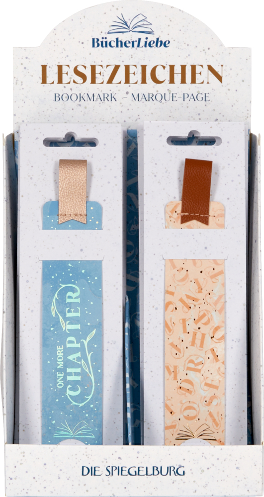 Dekorative Lesezeichen mit der Aufschrift „Lesezeichen“ in Blau und Beige, präsentiert auf einem Ständer.
