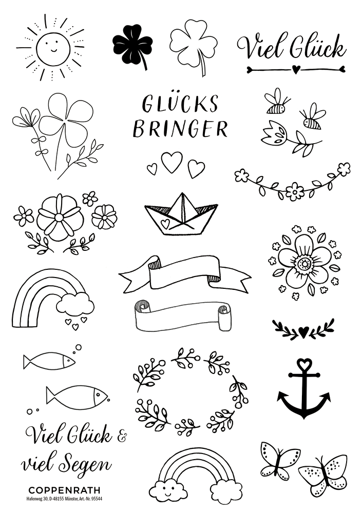 Schwarz-weiße Kritzeleien: Regenbögen, Blumen, Herzen, Kleeblätter, Sonne, Fische, Anker, Banner und r Text.