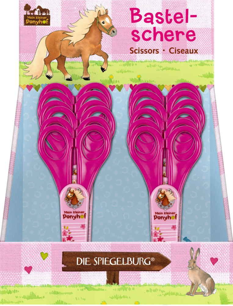 Rosa Kinderschere mit Ponymotiven in einer Displaybox, beschriftet mit dem deutschen Text „Bastelschere“.