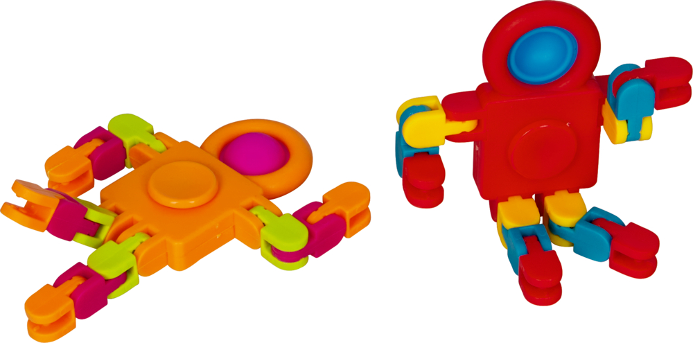 Zwei bunte Spielzeugfiguren aus zusammengesteckten Kunststoffteilen liegen und sitzen.