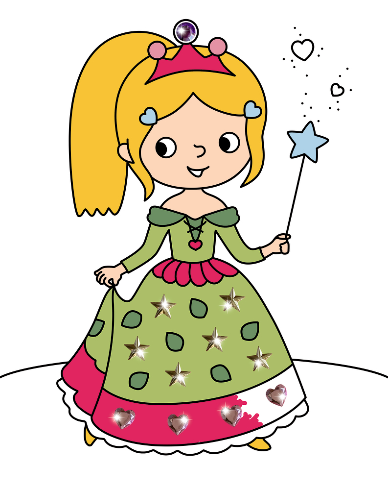 Gezeichnetes Mädchen mit gelbem Haar, Krone und Zauberstab, trägt grünes Kleid, unvollständig ausgemalt.