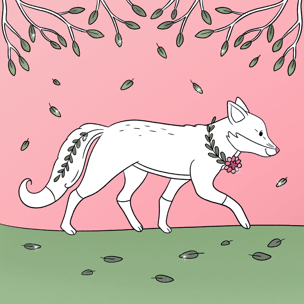 Ein weißer Fuchs mit Blatt- und Blumenschmuck läuft auf Gras unter fallenden Blättern und Zweigen vor einem rosa Himmel, auf einem Ausmalbild.