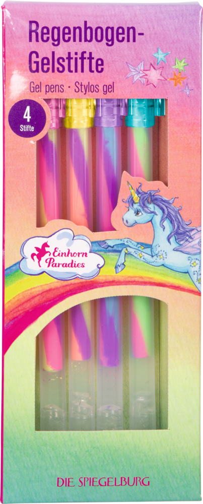Verpackung mit vier Regenbogen-Gelstiften in transparenten Hülsen, verziert mit einem Einhorn- und Regenbogenmotiv.