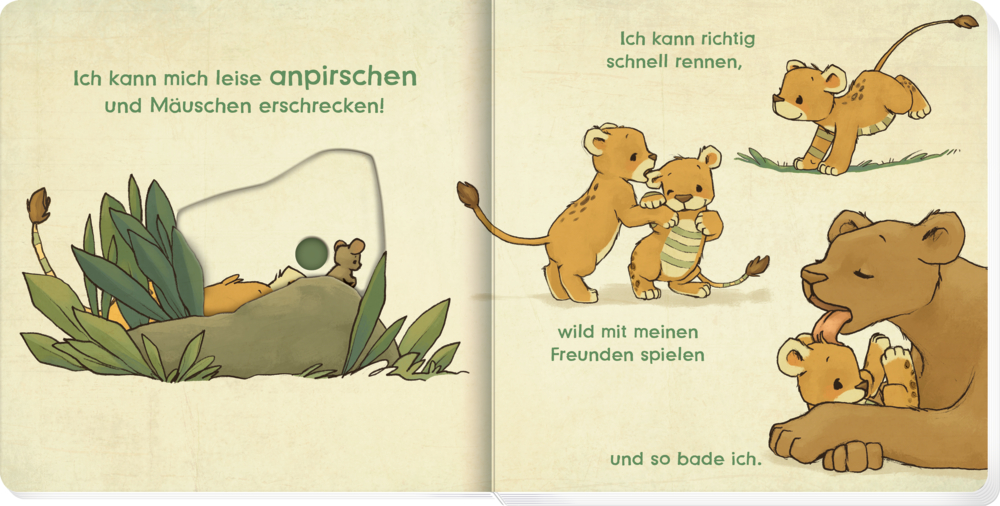 Buchinnenabbildung mit Illustrationen kleiner, spielender Löwen mit ihrer Mutter. Dazu ein Schieber, der noch nicht hochgeschoben ist.