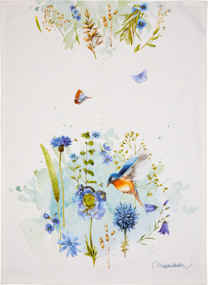 Aquarellvögel und Schmetterlinge mit blauen Wildblumen auf weißem Hintergrund.
