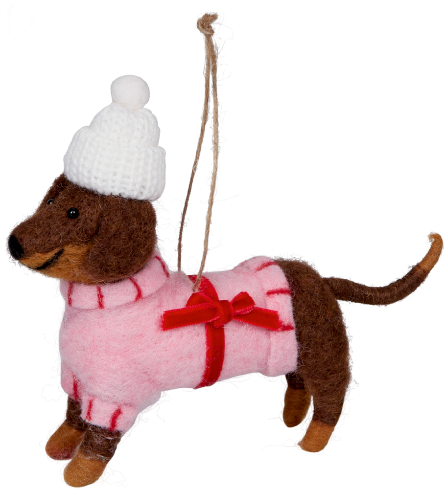 Brauner Filzdackel mit weißer Mütze und rosa Pullover mit roter Schleife, an einer Schnur befestigt.