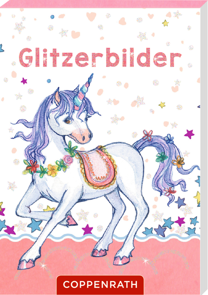 Ein weißes Einhorn mit bunter Mähne und Blumenkranz steht auf einem pinken Boden. Darüber glitzernder Schriftzug Glitzerbilder.