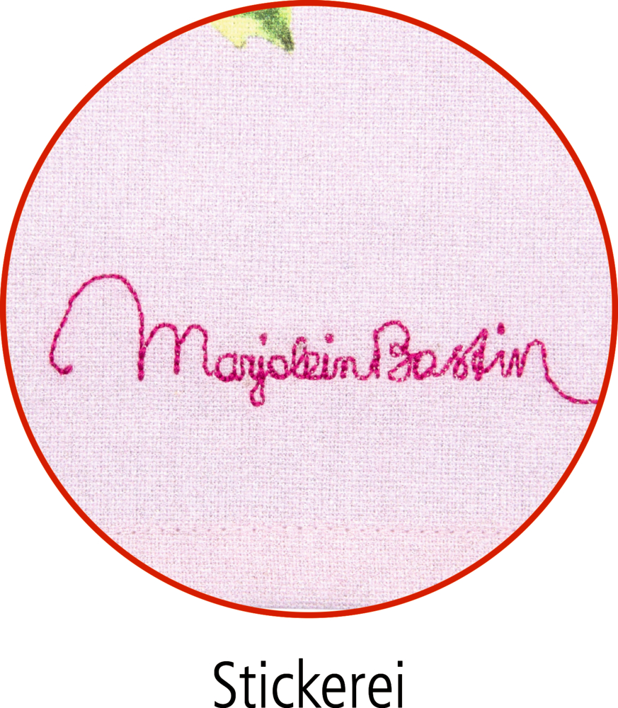 Rosa Stoff mit pinker Stickerei des Schriftzugs „Marjolein Bastin“.