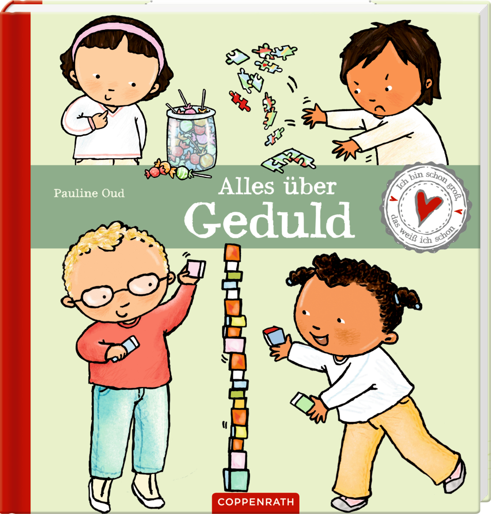 Vier Kinder spielen mit Puzzles und Bauklötzen auf dem Cover des Buches „Alles über Geduld“.