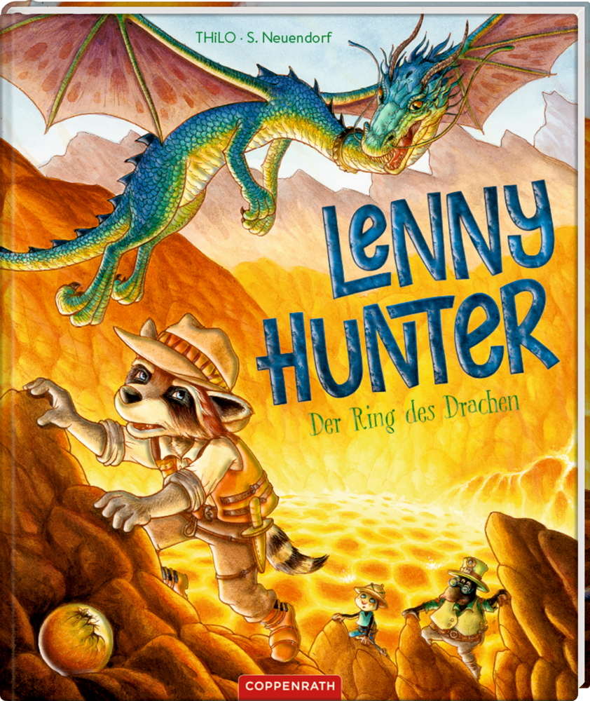 Buchcover mit gezeichnetem Waschbären in Abenteurerkleidung, der in Felsenlandschaft klettert, darüber fliegender grüner Drache, zwei Figuren im Hintergrund.