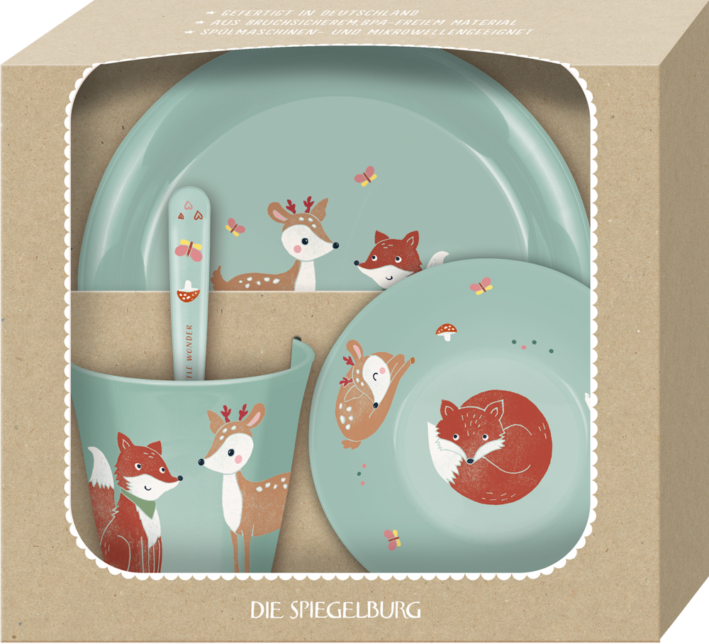 Hellblaues Kindergeschirrset mit Fuchs- und Rehmotiven in einer beigefarbenen Geschenkbox mit Sichtfenster.