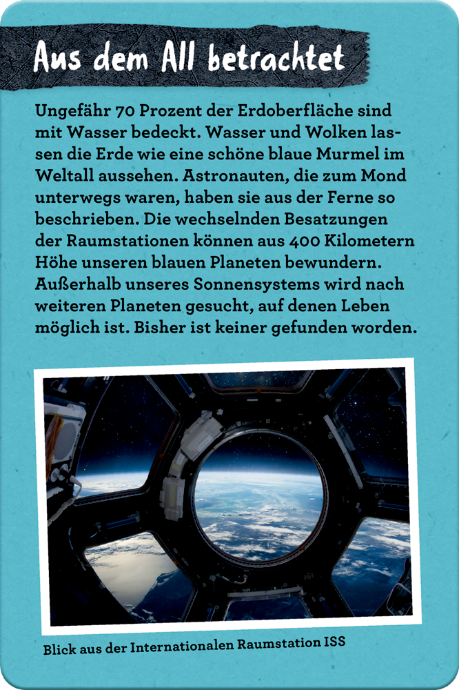 Factsheet mit der Tehematick "Aus dem All betrachtet" und Bild aus einem ISS-Fenster auf die Erde, umgeben von dunklen Teilen der Raumstation.