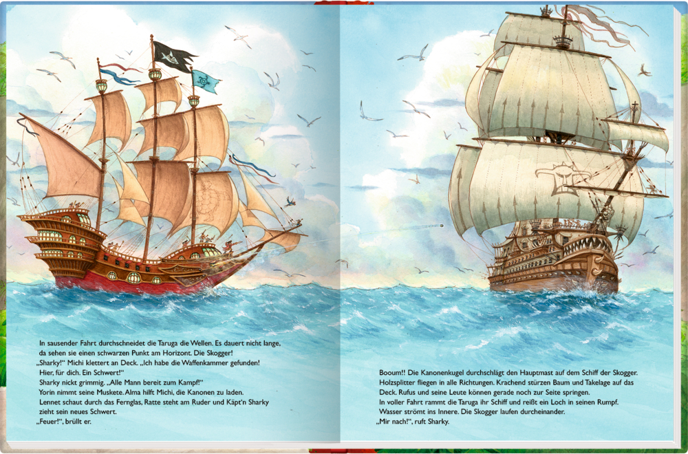 Zwei Piratenschiffe segeln auf blauem Meer unter wolkenverhangenem Himmel; am unteren Bildrand erscheint der Text.