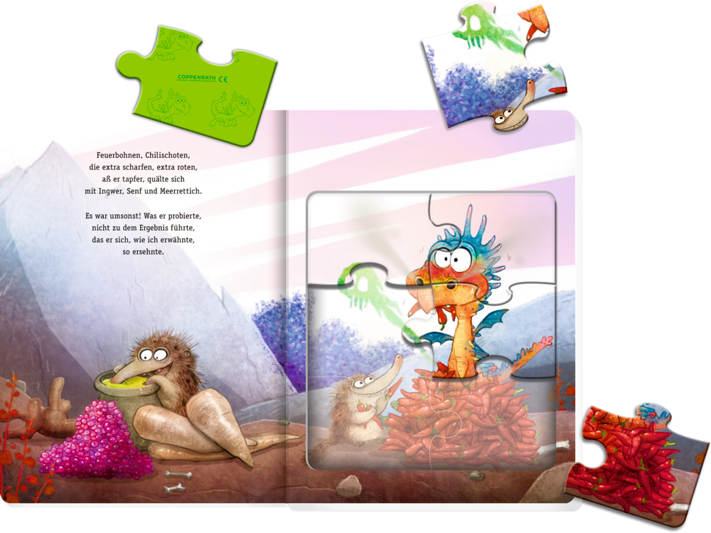 Gelber Kasten mit Vorteils-Text zum Buch und bunter Drachen-Illustration unten rechts.