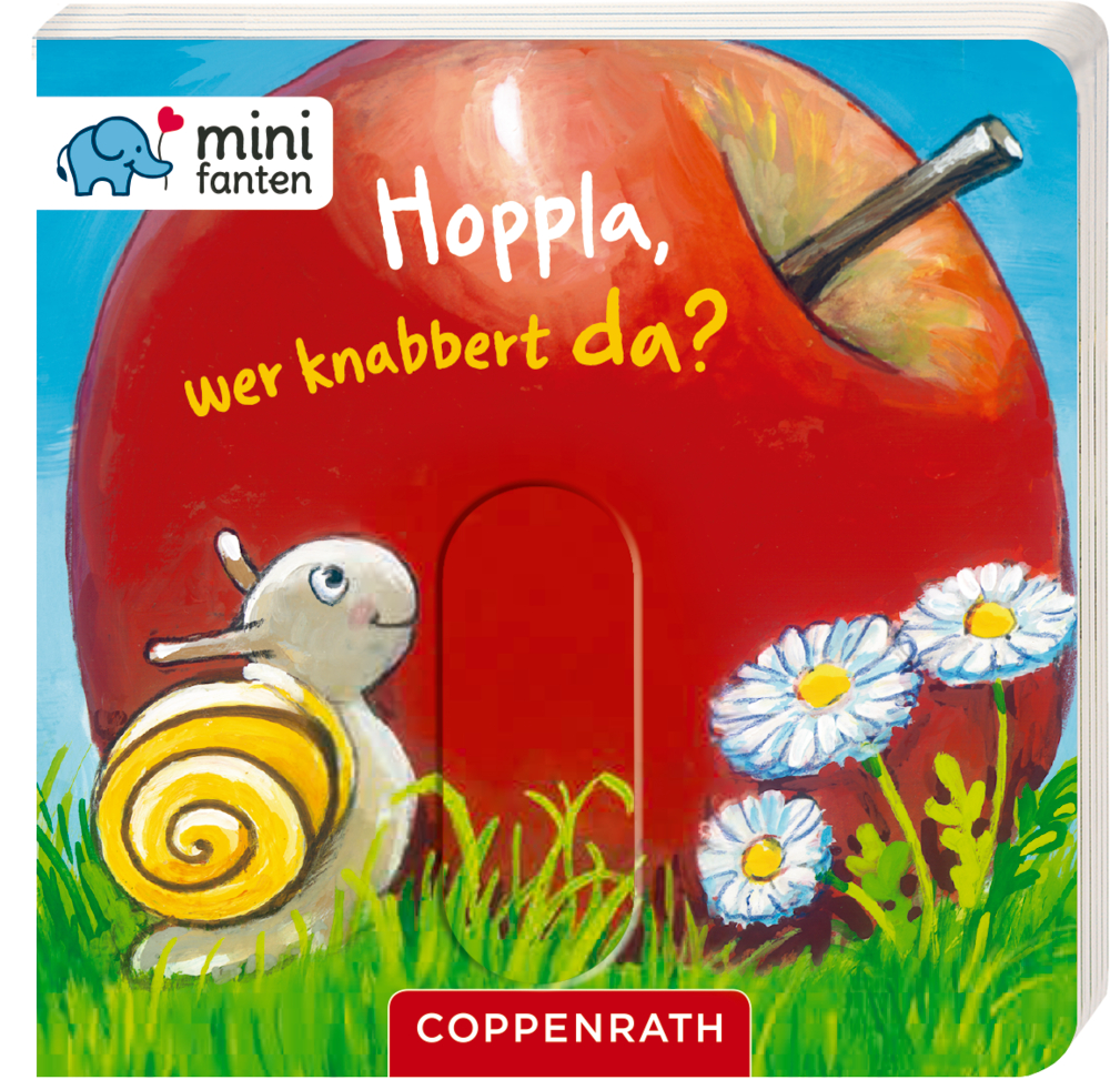 Schnecke neben großem roten Apfel mit Loch, weißen Blüten und dem Titel auf einem bunten Buchumschlag.