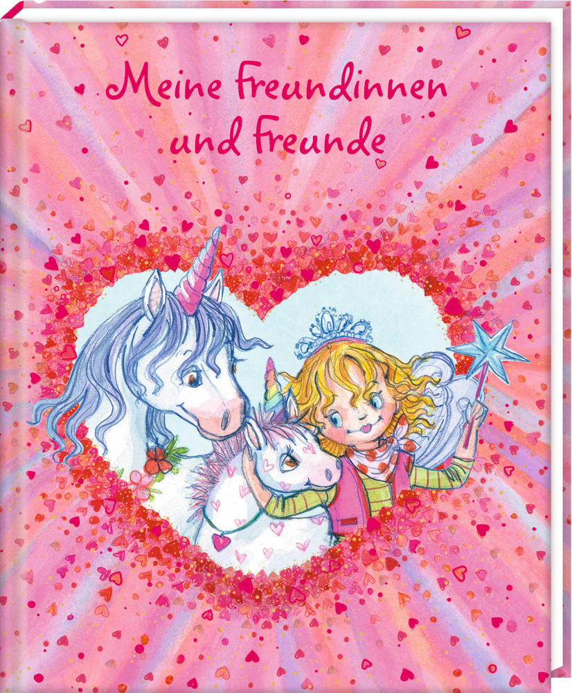 Ein Mädchen mit Krone steht zwischen zwei Einhörnern in einem Herz. Viele rosa und rote Herzen umgeben das Motiv.