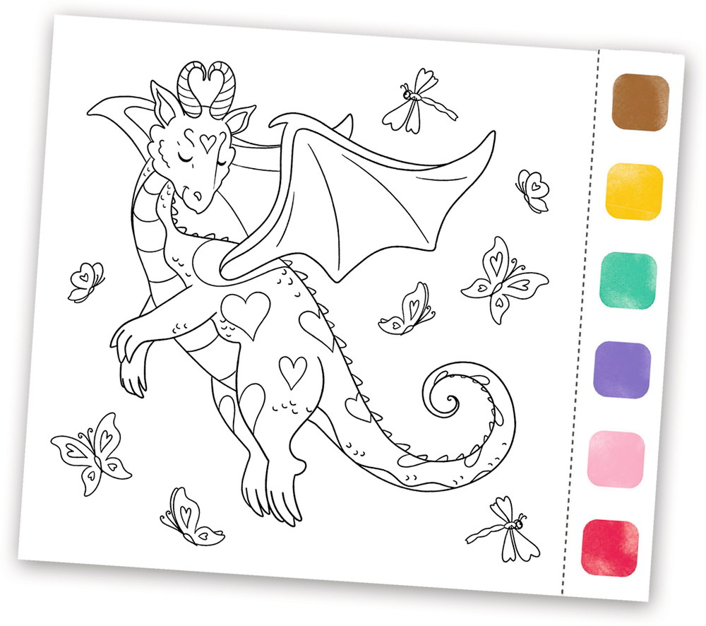 Ein Drache mit Herzmustern, umgeben von Schmetterlingen und Libellen. Daneben Farbkästchen.