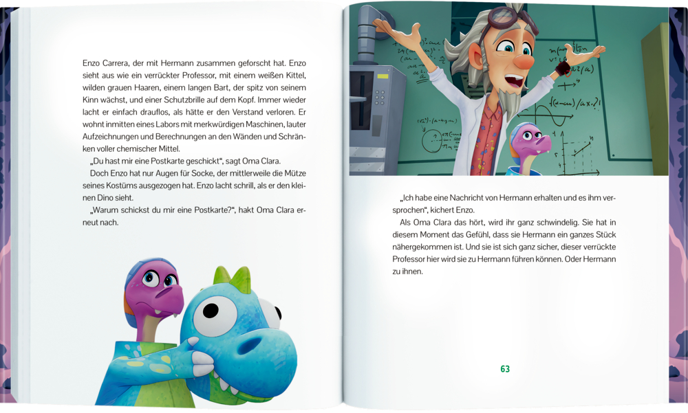 Aufgeschlagenes Buch: Ein überraschter Professor und ein Cartoon-Dinosaurier stehen in einem Labor zusammen. Daneben Text.