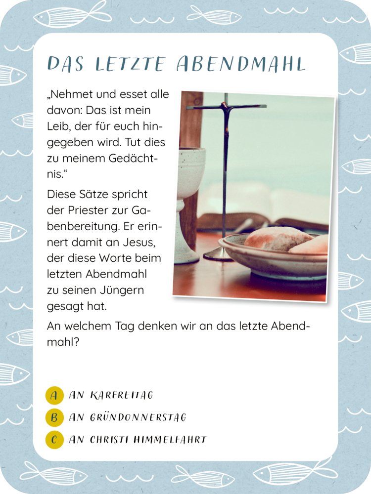 Karte mit Foto von Brot und Weinglas auf einem Tisch, daneben steht ein r Text über das letzte Abendmahl.