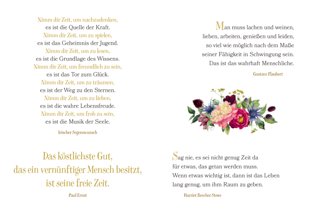 Vier Zitate über Zeit und Menschlichkeit in goldener Schrift, mit Blumenillustration unten rechts in Rosa-, Rot- und Lilatönen.