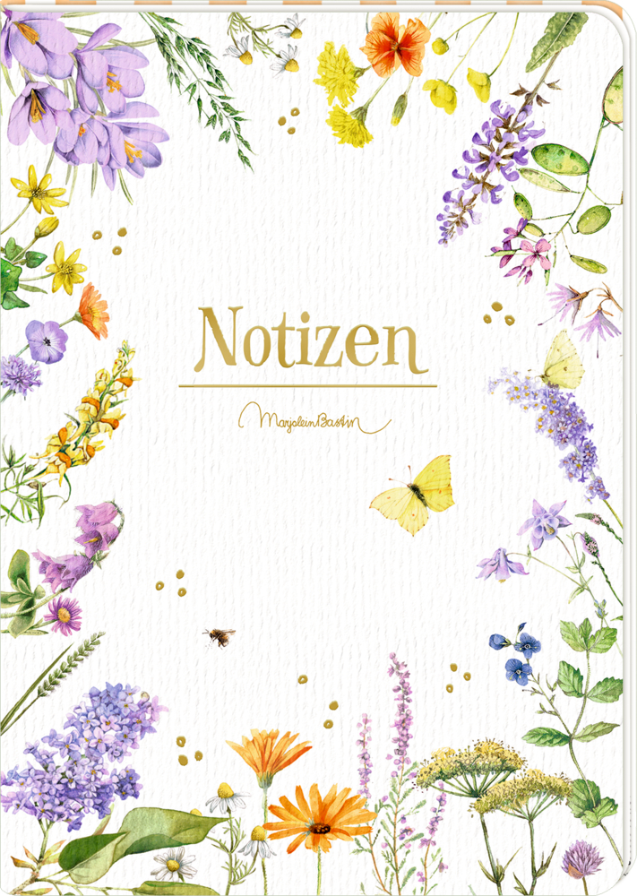 Cover eines Notizbuchs mit dem Wort â€žNotizenâ€œ in goldener Schrift, umgeben von Aquarellblumen, Schmetterlingen und einer Biene.