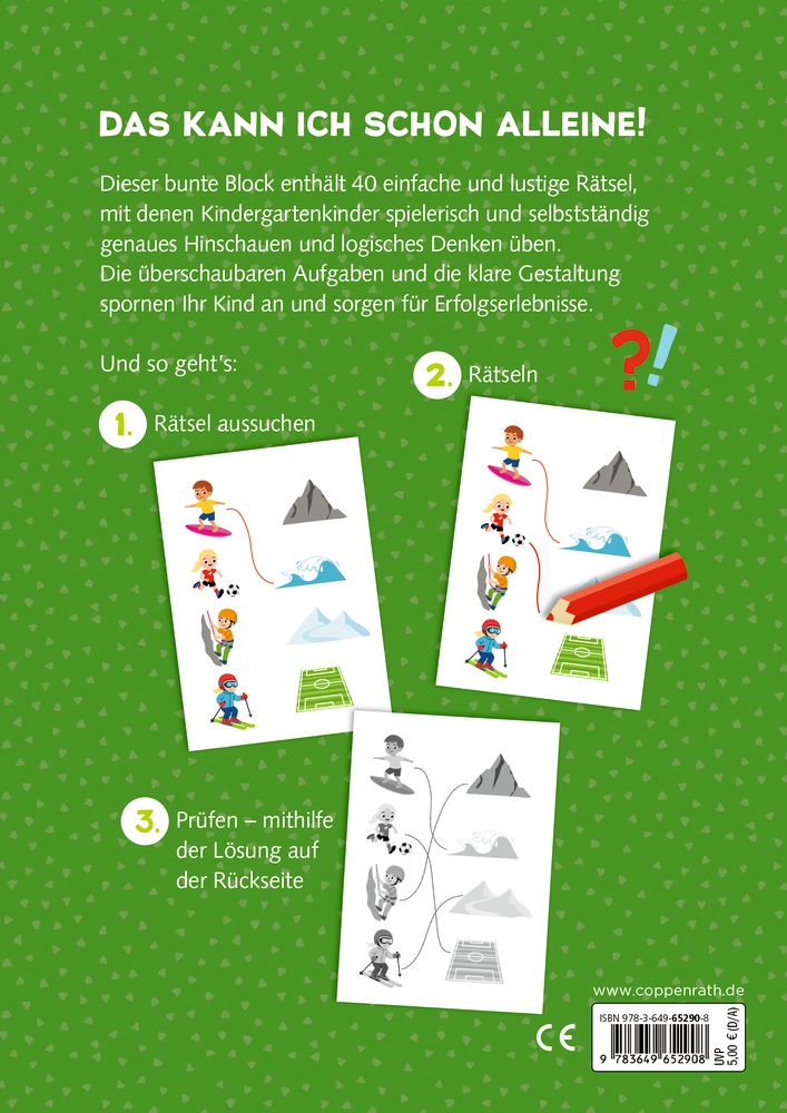 Grüne Rückseite eines Rätselblocks mit Anleitung in drei Schritten und bunten Illustrationen von Kindern bei Sportarten.